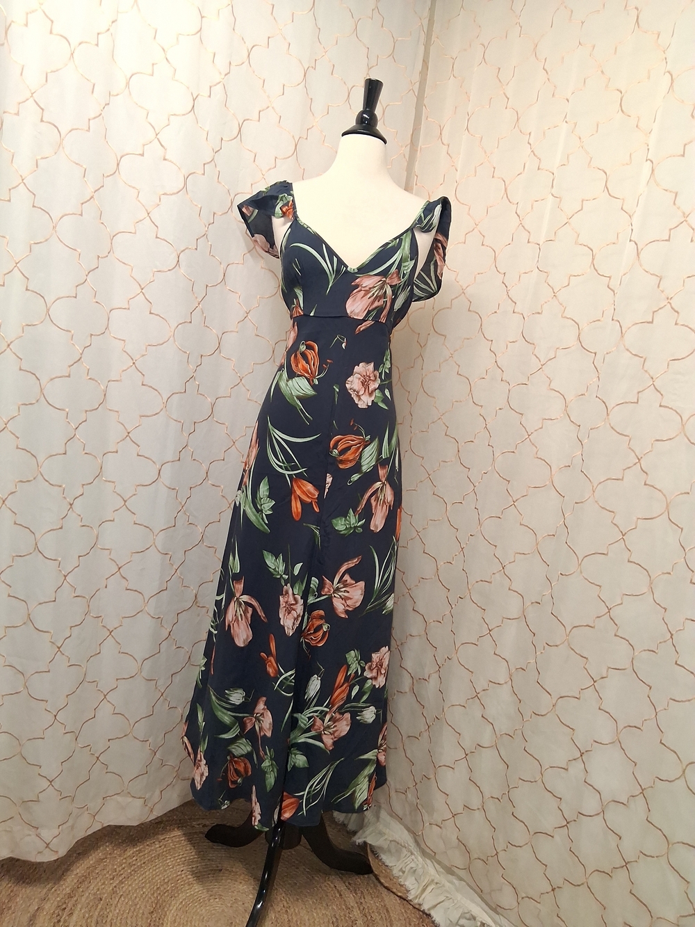Astr Floral Navy Maxi Dress with Peach and Green Accents